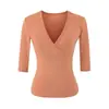 Estilo Puro Deseo Sexy Cuello en V Profundo Escotado Mangas Largas Capa Base Otoño Diseño Sutil Versátil Ajuste Delgado Color Sólido Camiseta Top Mujer