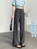 Pantalones de pierna ancha de seda helada para mujer, pantalones de verano finos de cintura alta con caída, estrechos para petite, rectos hasta el suelo, pantalones de traje grises