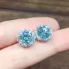 Pendientes de botón con diseño de Ocho Corazones y Ocho Flechas, Chapados en Pt950 con Moissanita Azul Verdosa Simulada, Completamente Incrustados de Diamantes para Mujer, Joyería para Orejas Popular y de Venta Caliente en Transmisiones en Vivo