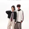 Chaqueta con cuello alto, prenda exterior deportiva de bloques de color, estilo casual unisex a rayas de corte holgado, adecuada para primavera y otoño, atuendo casual americano para pareja