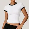 Camiseta de secado rápido ajustada europea y americana para Amazon transfronteriza, ropa de yoga con bloques de color, camiseta deportiva ajustada de manga corta para correr Pilates para mujer