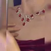 Collar de Cadena para Clavícula con Borla de Gota de Agua y Diamantes Rojos Brillantes, Estilo Dama Rica, Accesorios para Vestido de Banquete