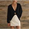 Moda Europea y Americana Transfronteriza Popular en Aliexpress Moda Casual Celebridad de Internet Color Sólido Cuello en V Cárdigan de Punto