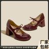 Tacones altos estilo francés gruesos Primavera y otoño 2024 Nuevos zapatos Mary Jane para mujer Plataforma impermeable Boca baja Zapatos de una sola capa con lazo