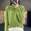 Suéter de una pieza sin costuras 100% lana para otoño e invierno para mujer con bordes enrollados, cuello alto apilado, corte holgado, engrosado, camiseta básica versátil para mujer