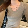 Principios de Otoño Simple Elegante Cuello Redondo Ajustado Manga Larga Punto Ropa Interior para Mujer Aspecto Adelgazante Punto Camiseta Base Top