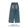 Jiamu Entra em Cena para Provar Jeans Americano Largo Graffiti Franja Lavado Metal Retro Jeans Unissex para Homens