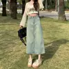 Saia Midi Jeans de Cintura Alta com Fenda Feminina Primavera e Outono 2024 Nova Saia de Corte A Pequena Saia de Meio Comprimento no Quadril