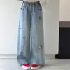 Calça Jeans Feminina Primavera e Outono 2026 Nova Estilosa Solta Versátil Bordada Gato Kt Reta Wide Leg