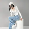 7105# Foto real 260g Camiseta de manga larga acanalada de Modal para mujer, top de primavera y otoño, cuello polo, camiseta básica corta
