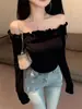 Camiseta Básica Popular de Estilo Francés sin Hombros de Manga Larga Ajustada Estilo Chica Picante Puro Deseo con Volantes