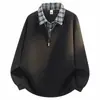 Sudadera tipo polo de dos piezas falsas estilo americano con media cremallera para hombre, top casual suelto de marca de moda otoño 2026 para hombre