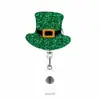 Porta-insignia de enfermera acrílico verde trébol retráctil fácil de jalar con clip giratorio de purpurina