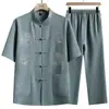 Roupas de Verão Finas Estilo Chinês Tang com Bordado de Caractere Fu para Homens de Meia-idade e Idosos, Estilo Pai