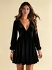 Novo vestido longo de veludo de alta qualidade, estilo europeu e americano, para mulheres, decote em V, acinturado, emagrecedor, com babados, vestido curto