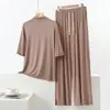 Conjunto talla grande: Conjunto de loungewear de modal con cuello semi-alto, camiseta de manga media y pantalón de pierna ancha, conjunto de dos piezas para mujer, holgado y casual