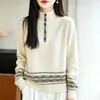Tricô Jacquard Fair Isle Retro Francês com Meio Zíper para Mulheres Suéter Cinza Estilo Preguiçoso Aconchegante Espessado Camada de Base