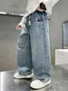 Jeans de Pierna Ancha para Niños de Primavera y Otoño Pantalones Largos Casuales Rectos Sueltos de Moda para Niños Medianos y Grandes Estilo Coreano Pantalones Cargo Lavados