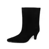 Botas de pierna ancha para mujer con tacones de aguja, botines sin cordones de una sola pieza, nuevas botas de moda para otoño e invierno de cuero genuino con punta cuadrada, botines de media pantorrilla para mujer talla 40