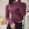 Camiseta de manga larga ajustada y sexy para mujer, de primavera y otoño, con cuello alto y corte en el ombligo.
