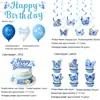 Tela de fondo de forma irregular para fiesta de cumpleaños de mariposa azul, serpentinas con purpurina, decoraciones colgantes en espiral, globos, adornos para pasteles y decoraciones