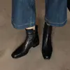 Botas curtas de couro genuíno estilo britânico para comércio transfronteiriço, botas femininas pretas com salto grosso, bico quadrado e zíper lateral, botas Martin para outono e inverno