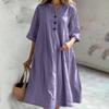 Vestido feminino transfronteiriço europeu e americano Vestido feminino de comprimento médio com decote em V, meia manga, algodão e linho, solto, com três botões e bolso