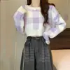 Suéter Pulôver Curto Xadrez para Mulheres, Tricô de Outono e Inverno, Top Soltinho de Gola Redonda, Estilo Coreano