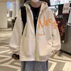Moletom Grosso com Capuz e Cordão para Homens, Estilo Hong Kong Ins com Estampa de Letras Jaqueta com Zíper Outerwear