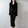 Otoño/Invierno 2026 Nuevo Vestido de Punto para Mujer con Cuello Chal de Lana Pura, Suéter Delgado de Capa Base, Falda Larga