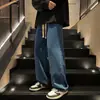 Jeans Retrô Outono Inverno Masculino Cor Sólida Reto Solto Perna Larga High Street Americano Versátil Casual Calças Longas