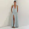 Vestido largo de verano nuevo elegante para mujer europea y americana, color liso, sin mangas, cuello en V, cuello halter, tirante drapeado, con abertura