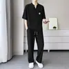 Traje de verano de manga corta y pantalón largo de seda helada para hombre, casual y de alta gama, lujoso y cómodo, conjunto de dos piezas para hombre con cuello en V