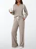 Conjunto informal de punto acanalado cepillado de dos piezas para otoño/invierno 2026, europeo y americano, con mangas largas holgadas y pantalones largos