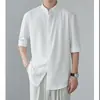 Nueva Camisa de Estilo Chino con Cuello Mao y Mangas Cortas para Hombre Verano Nueva Camisa de Nicho con Seda de Hielo Plisada de Manga Media