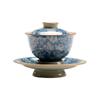 Cuenco grande de cerámica con tres tapas, color azul y flor, para sujetar con la mano, taza de té zen japonesa con tapa, cuenco de té individual retro