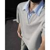 Playera única de diseño falso de dos piezas para hombre, moderna de marca empalmada con solapa de manga corta, elegante de alta gama, holgada, de media manga, tipo polo