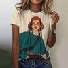 Camiseta feminina 2024 camiseta estampada com personagem de desenho animado Harajuku retrô manga curta gola redonda top divertido roupa feminina tamanho europeu