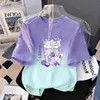 Camiseta Manga Curta Degradê para Meninas, Novo Estilo de Verão, Camiseta Estampada Infantil, Tamanhos Médio e Grande Infantis, Solta, Respirável, Estilo Coreano Moderno