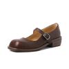 Sapatos Mary Jane Básicos de Couro Muito Texturizado Primavera 2024 Salto Médio Grosso Bico Quadrado Sapatilhas com Fivela Totalmente em Couro Genuíno para Mulheres