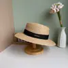 Sombrero de paja de ala plana estilo francés para mujer con cinta de encaje, sombrero de paja de protección solar de moda de verano, sombrero de paja para playa de vacaciones