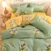 Juego de cuatro piezas de ropa de cama de color verde fruta liso, juego de tres piezas de sábana y funda de edredón para todas las estaciones, funda de edredón, colcha, sábana, funda de almohada