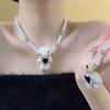 Colar de Urso com Franjas de Coração de Pelúcia Pérola Tendência Cool Corrente para Clavícula Feminina Corrente de Pescoço de Nicho de Luxo Leve Corrente de Lã