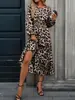 Vestido Saia Elegante Europeu e Americano Exportação Transfronteiriça 2025 Estampa de Leopardo Mangas Bufantes Babados Linha A Cintura Comprimento Médio