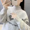 Suéter de chenilla y terciopelo de visón con cuello medio engrosado para mujer, nuevo estilo 2026, jersey de punto jacquard holgado base para mujer