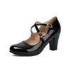 Novos Sapatos Femininos de Couro Patentado Britânico Tira Cruzada Bico Redondo Sapatilhas Salto Grosso Alto Tamanhos Grandes 40-46 Sapatos de Exportação