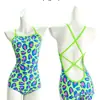 Traje de baño de una sola capa, sin relleno, para mujer, estampado de leopardo verde de moda, corte bajo, cobertura completa de cadera, conservador, traje de baño profesional de competición para piscinas