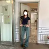 Camiseta Corta de Manga Corta con Cuello en V, Hombro Normal, Estilo Americano Picante, Falso Dos Piezas, Bloques de Color de Verano, Ajuste Delgado para Mujer