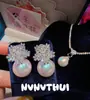 Joyería Plata Rosa Sangre Azul Perla Blanca Australiana Diamante Collar Conjunto de Boda Copo de Nieve Aurora Pendientes de Perla de Concha Deslumbrantes