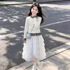 Conjunto de estilo princesa para niños mayores, vestido tipo pastel con patchwork de encaje primavera/otoño 2026, patrón de moda estilo coreano, conjunto de cárdigan con patchwork de color blocking, moderno